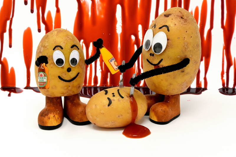 art and craft, potato, illustration, three, potatoes, creativity, 1080P, still life, brown, fun, cannibals, beverages, cute, food, knife, food and drink