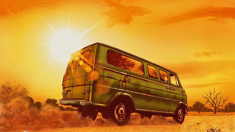 pick-up truck, mode of transportation, lens flare, old, dust, sky, car, sunlight, yellow, sunset, orange color, 1080P, motor vehicle, one person, The Texas Chainsaw Massacre (1974)