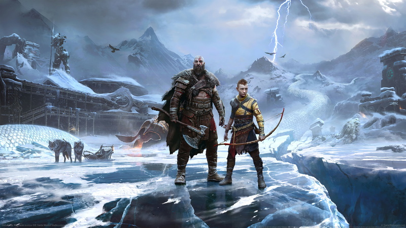 God of War, Atreus, God of War Ragnarök, norse, Spartans, 4K, video game art, digital art, video games, wolf, Kratos, ice, Norse mythology, watermarked