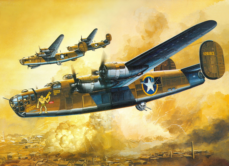 WW2, American, explosions, earth, smoke, 8K, bombers, figure, art, the bombing, B-24Д, the city, Liberator, heavy