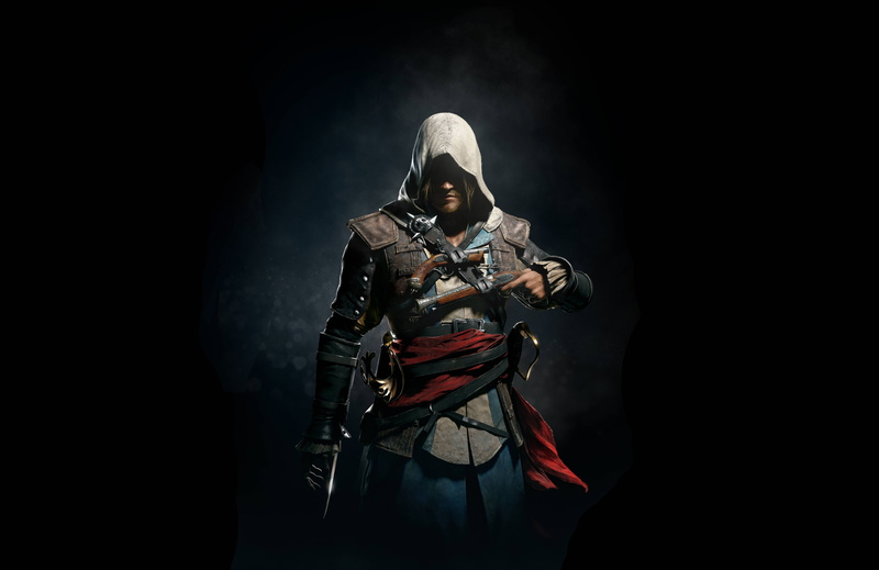  arts culture and entertainment, standing, fighting, assassin, portrait, Black Flag, black Background, 8K, holding, armed Forces, front view