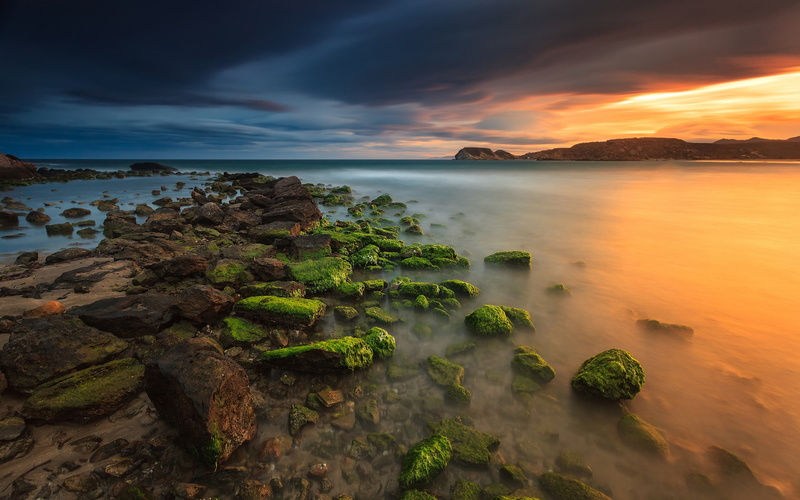 Evening, Sunset, Stones, Spain, Sea, surrounded, Sky, photo, Clouds, water, island, 1080P