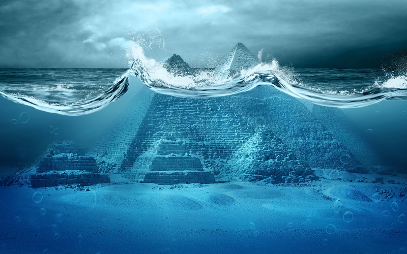 bubbles, clouds, split view, underwater, digital art, artwork, apocalyptic, photo manipulation, horizon, blue, pyramid, Pyramids of Giza, 2K, water, sea