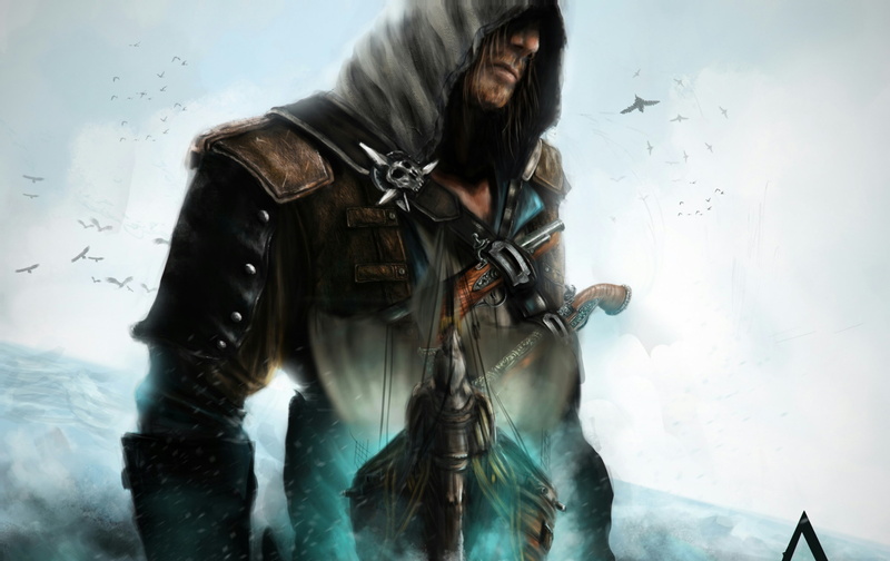 flag, assassins creed, birds, sea, black, s, 2K, assassin, Kenuey Edward, IV black flag, water, creed, Edward Kenway, art
