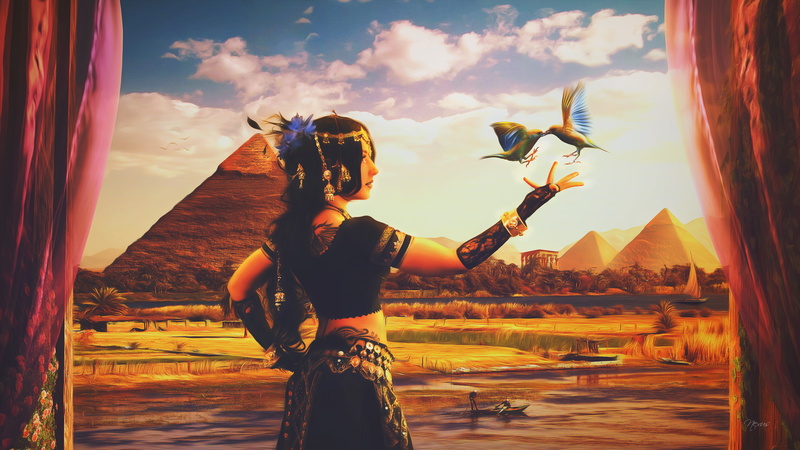 Fantasy, Pyramid, Dancer, Arabic, Egyptian, Egypt, Desert, Oriental, 4K, Magic, Nile, Bird, Digital Art