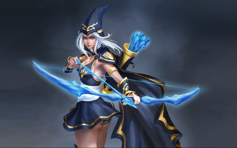 black background, studio shot, ashe, champion, arrows, one person, blue, fashion, magic, 2K, young women, costume, illuminated, archer, dancing