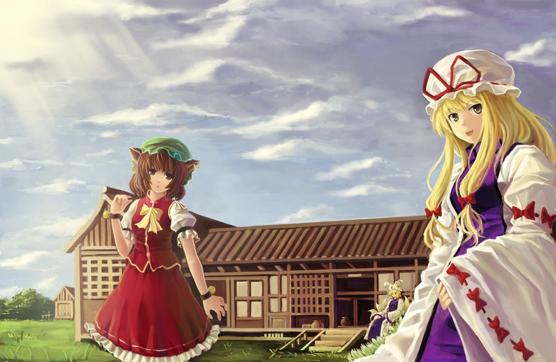 characters, celebration, yakumo yukari, outdoors, cloud - sky, yakumo ran, day, representation, house, history, sunlight, stage Costume, sky, girls, women