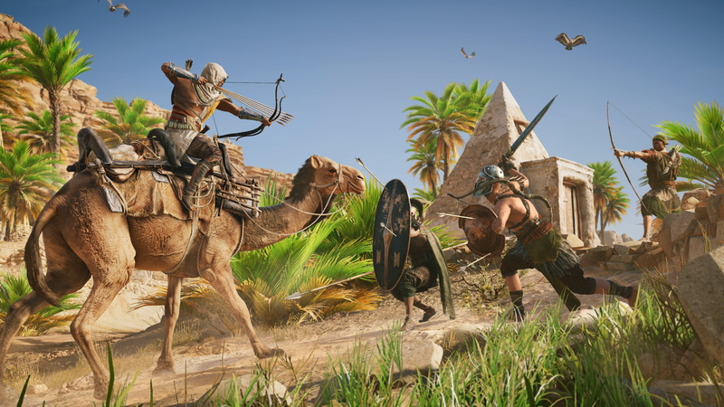 land, nature, Assassins Creed, sky, clear sky, outdoors, palm tree, tree, building exterior, the past, history, Assassins Creed: Origins, ancient, built structure