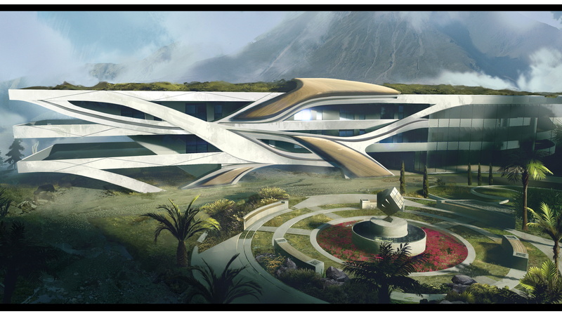 mountains, fountain, architecture, Tom Clancys Ghost Recon Breakpoint, garden, 4K, Auroa, concept art, palm trees, mist, hospital