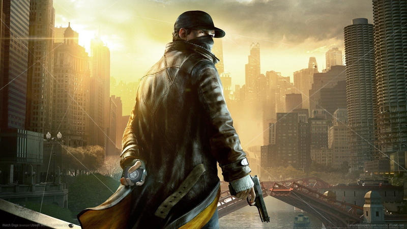 city, urban skyline, architecture, sun, Weapon, built structure, 1080P, nature, Watch Dogs, Aiden Pearce, one person, Video Game, men, outdoors, Gun, lens flare