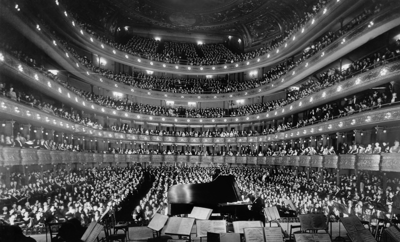 high angle view, orchestra, city, popular music concert, music, concert hall, large group of objects, real people, people, opera, spectator, black and white