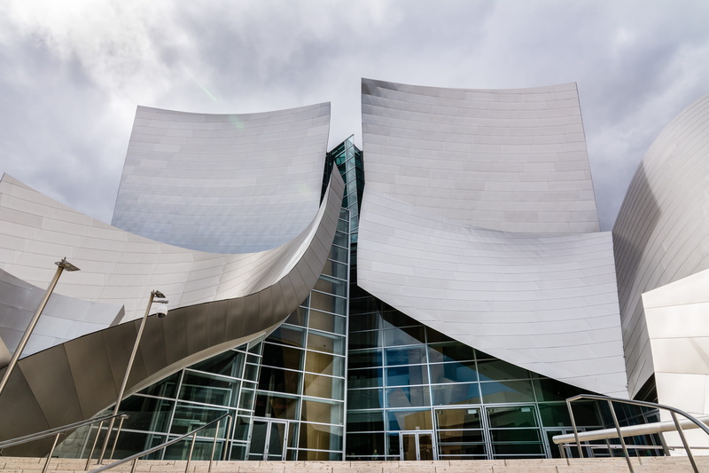 2K, white color, window, united states, metal, city, day, glass, building, reflection, flag, sky, walt disney concert hall, cloud - sky, architecture