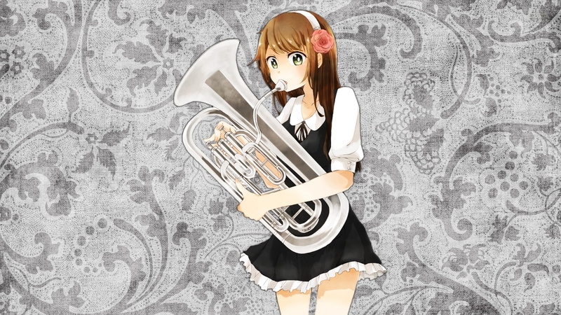 anime, females, baritone, indoors, standing, lifestyles, pattern, orchestra, real people, music, young women, women, directly above, dyed red hair, looking at camera