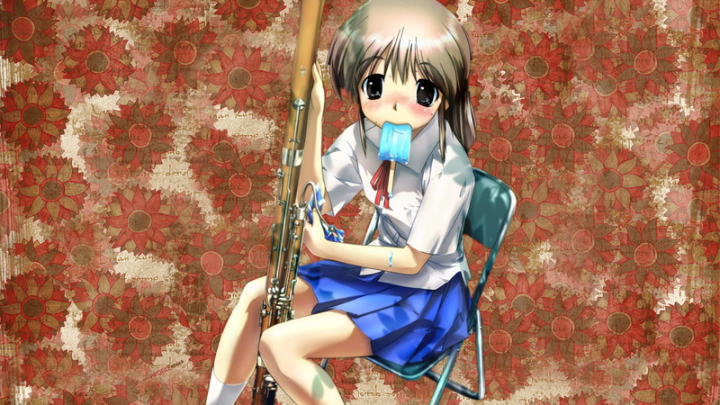 anime girls, school uniform, original characters, lifestyles, portrait, women, music, looking at camera, innocence, hairstyle, females, seat, sitting, indoors