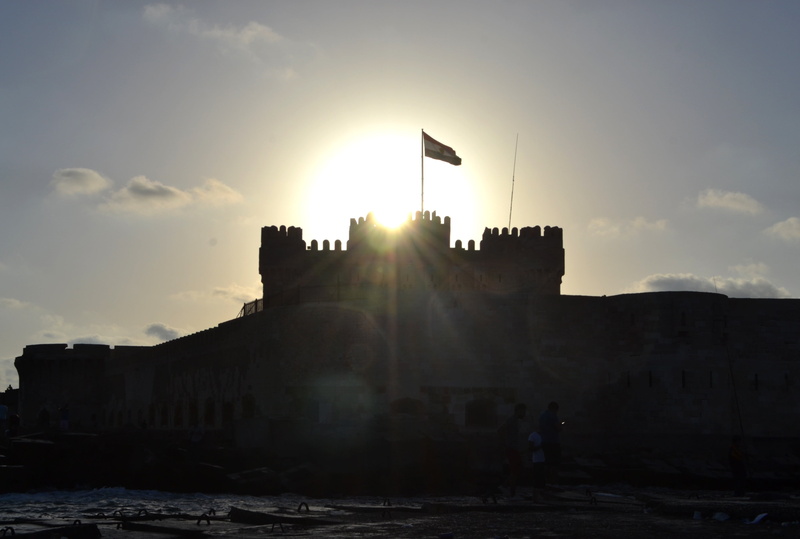 architecture, castle, nature, water, building exterior, sunset, sun, sky, lens flare, 4K, egypt, sunbeam, history, alexandria, tourism, silhouette, travel destinations