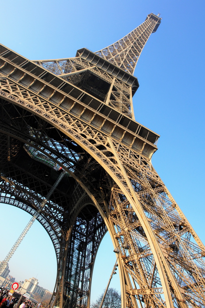blue, architecture, arch, the past, iron, nature, low, paris, city, history, building exterior, travel destinations, eiffel tower, worlds fair, sky, steel structure