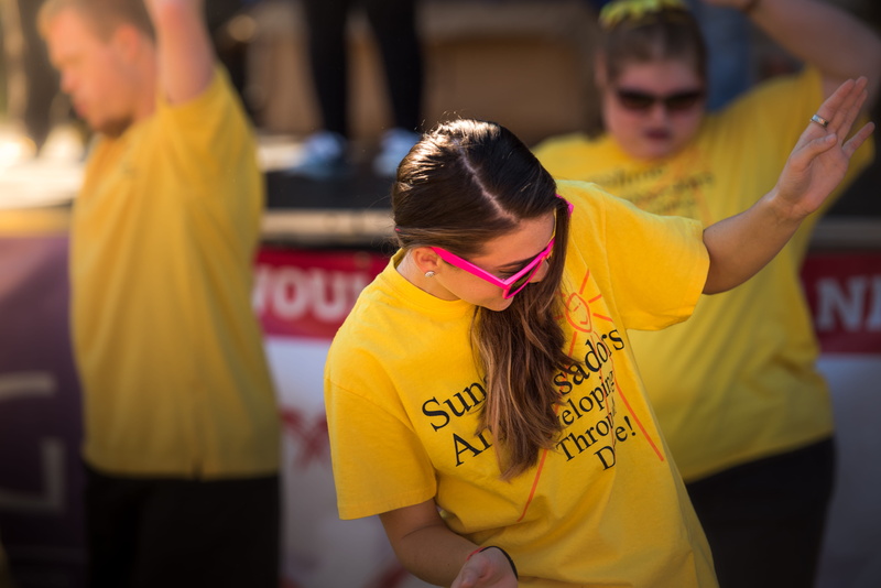 togetherness, down, casual clothing, 5K, worlds fair park lawn, sun, syndrome, yellow, pink, girls, disabilities, human arm, fashion, child, glasses, arms raised