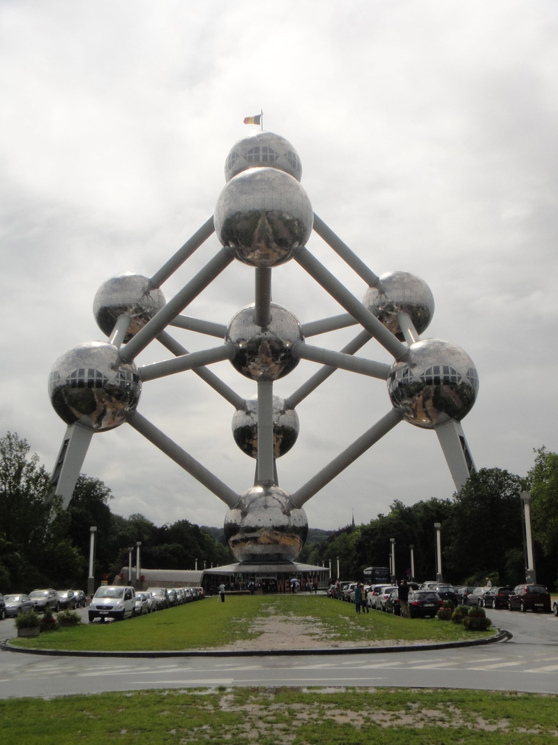 day, nature, art, metal, mode of transportation, chrome, outdoors, city, fountain, brussels, worlds fair, transportation, ball, travel destinations, atom