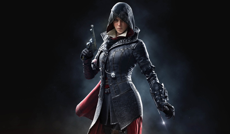 waist up, studio shot, weapon, suit of armor, protection, three quarter length, one person, standing, gun, Syndicate, black color, Ubisoft quebec, aggression