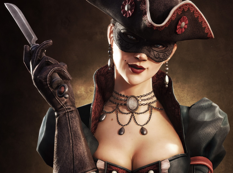 chest, killer, girl, Assassins Creed 4: Black Flag, multiplayer, look, cocked hat, smile, Ubisoft Toronto, Ubisoft Montreal, Ubisoft Bucharest, lips, gloves