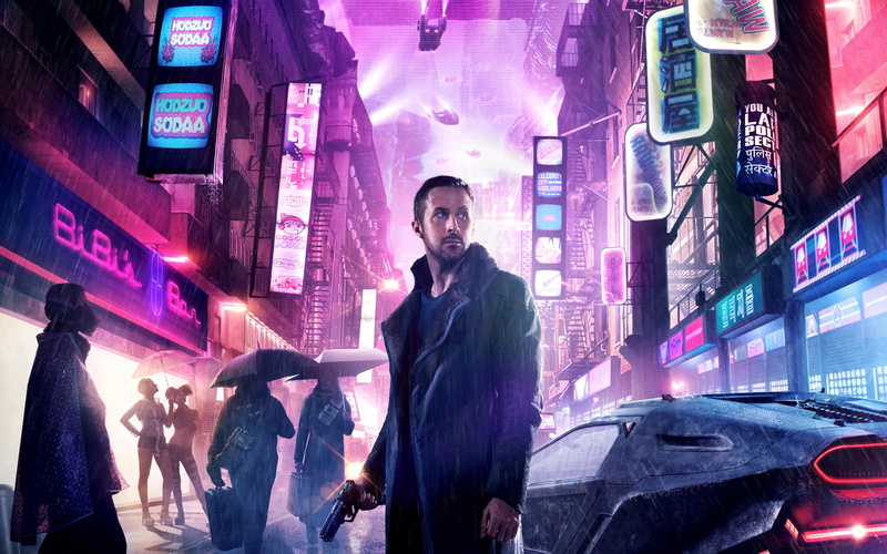 jacket, street, people, rain, weapons, Blade Runner 2049, car, neon lights, home, Thriller, umbrellas, night, the city, lights, 2K, signs, Ryan Gosling