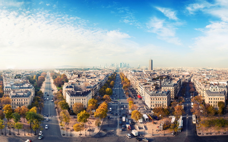 fall, panorama, 1080P, photography, view, people, skyscrapers, sky, scenic, cars, architecture, autumn, cities, trees, france, buildings, clouds, vehicles