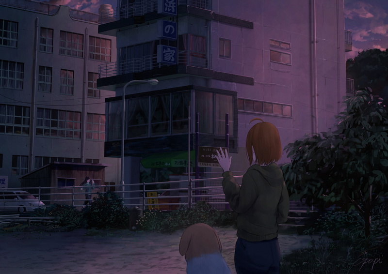 short, matsuura, hoodie, animal, 720P, chika, long, konachan, sky, city, brown, 253727, dog, signed, clouds, 2girls, hair, building, kanan, car, com, black