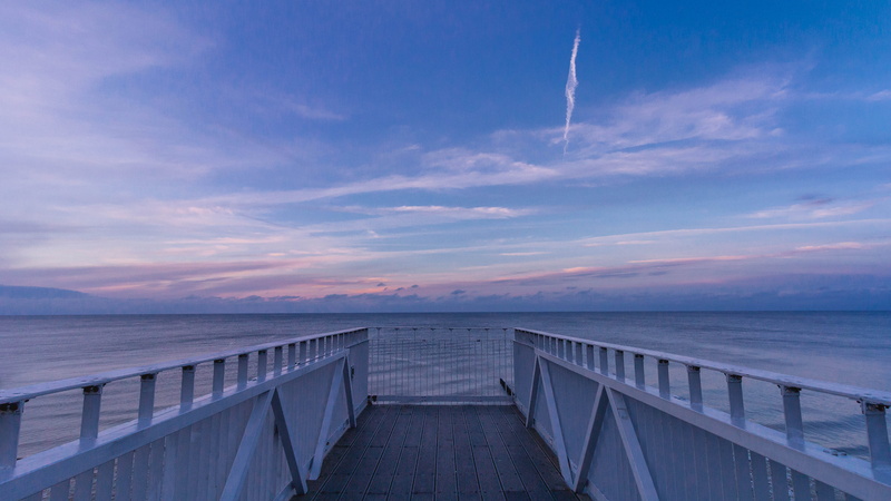 built structure, horizon, cloud - sky, architecture, sky, landscape, tranquility, nature, beach, seashore, dockyard, sunset, seascape, 5K, scenic, tranquil scene