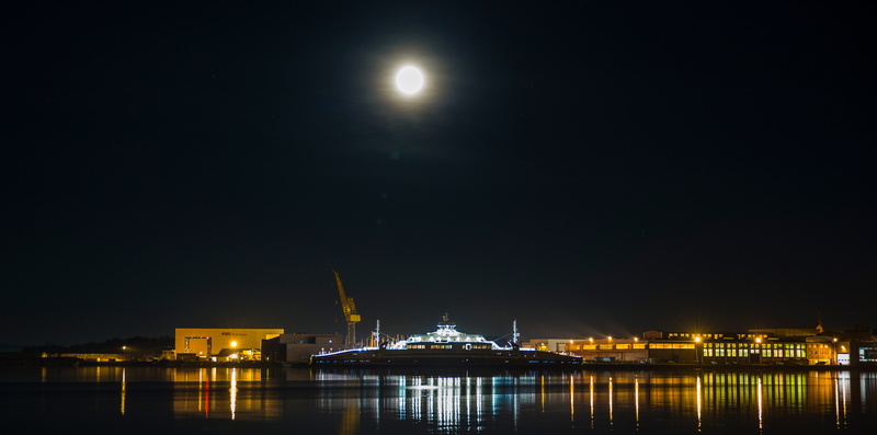 sky, evening, no people, building exterior, night, crane, 8K, built structure, illuminated, boat, waterfront, vessel, water, outdoors, architecture, nature
