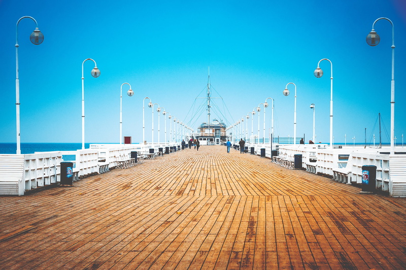 travel destinations, relaxation, land, sea, boardwalk, beach, 4K, city, coast, water, wooden, scenic, sky, walking, jetty, shore, man, nature, street light