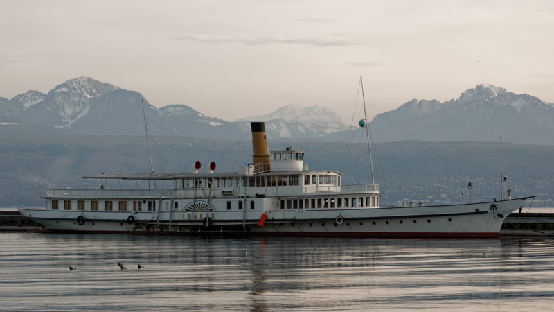 mountain range, cruise ship, old, geneva, switzerland, travel, craft, sea, leman, yacht, sailboat, lac, nautical vessel, ship, mode of transportation, motion