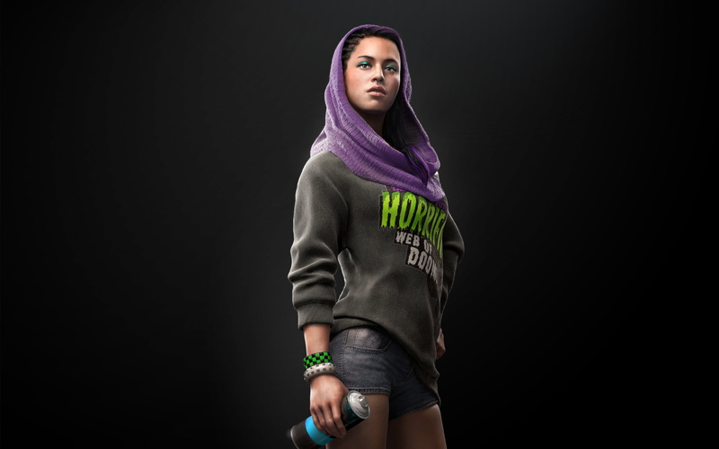standing, Watch_Dogs 2, three quarter length, hairstyle, Watch_Dogs, clothing, adult, studio shot, copy space, video games, beautiful woman, portrait, young women