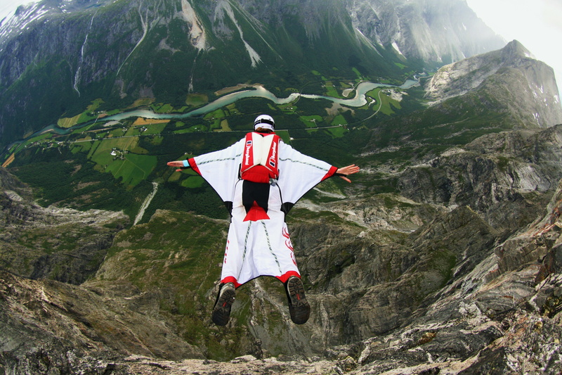 container, mountains, Norway, base jumping, parachute, extreme sports, river, pilot, 4K, wingsuit, helmet, valley