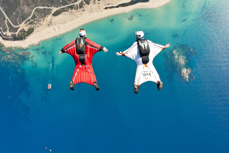 parachute, wingsuit, container, formation, extreme sports, camera, boat, helmet, beach, pilots, 2K