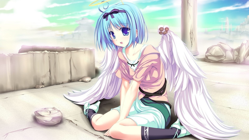 blue, hd, wingsuit, x, art, hair, 1080P, girls, anime, wings, short, people, Blue hair