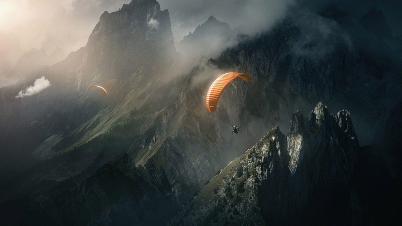 paragliding, orange, 1920x1080, sports, mountain, mountains, paraglider, 1080P