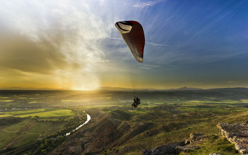 2K, paragliding, sport, landscape, green, mountains, Sunset, brown
