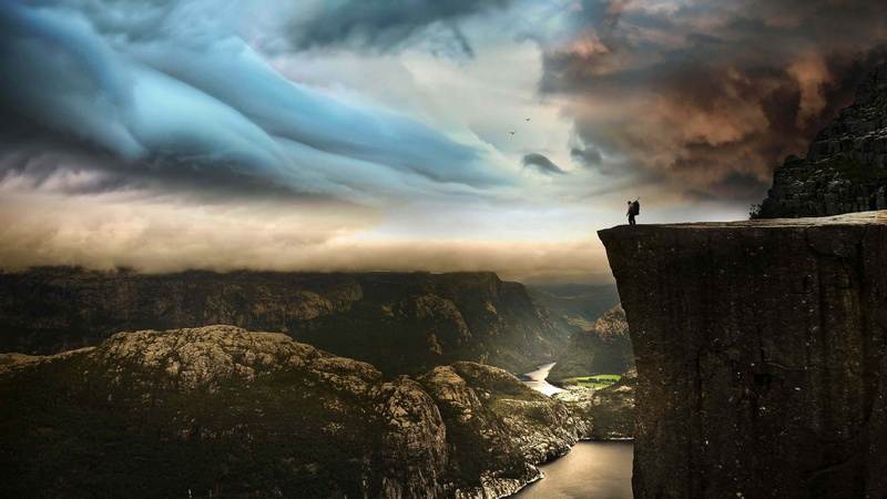 environment, nature, travel, tranquility, land, architecture, dark, pulpit rock, cliff, preikestolen, sky, landscape, rock formation, europe, norway, trekking