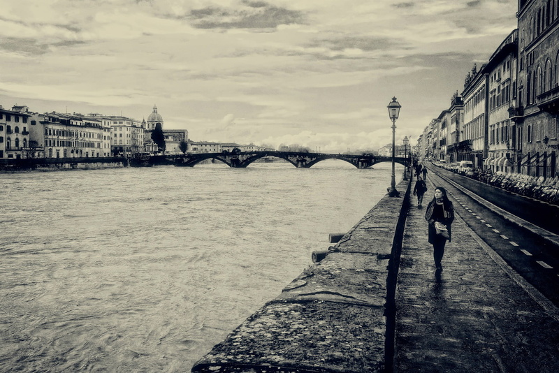 city, monochrome, Florence, near, transportation, one person, photo, rear view, connection, body, built structure, nature, full length, 1080P, walking