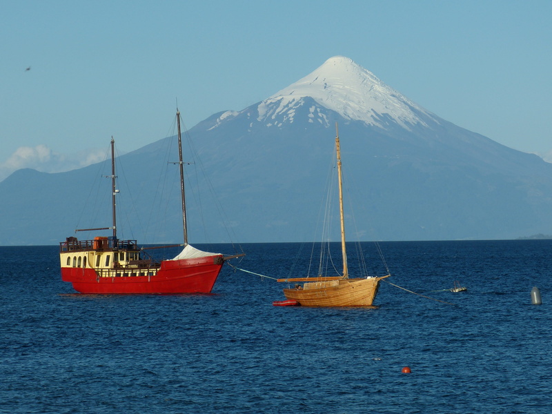 sky, lake, landscape, fishing industry, transportation, osorno, body, nautical vessel, mountains, Puerto Varas, environment, winter, water, volcano, sailing vessel