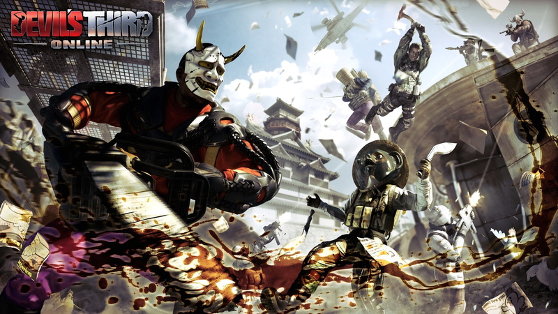 clouds, Valhalla Game Studios, blood, jump, the sky, mask, battle, weapons, axe, characters, Online, Nintendo, helicopter, 1080P, Devils Third, saw, logo