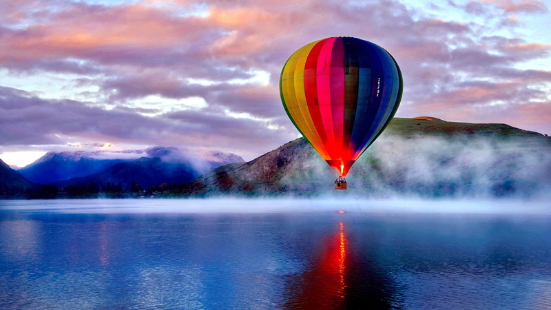 calm, adventure, water, mist, cloud, sunrise, nature, lake, flight, hot air balloon, dawn, hot air ballooning, sky, new zealand, morning, 4K, atmosphere