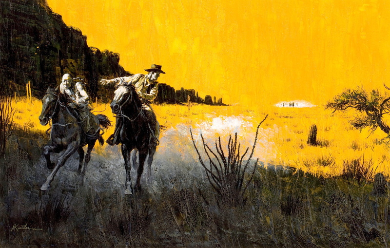 riding, Mort Künstler, domestic animals, person, wild West, cowboys, tree, chase, dust, plant, outdoors, animals in the wild, group of animals, painting