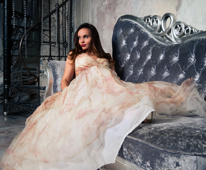 strapless dress, young adult, beautiful people, lifestyles, woman, hairstyle, girl, wedding dress, sofa, adult, beautiful, fashion, luxury, one person
