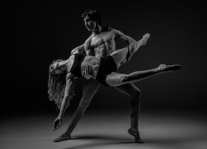 dancing, black background, mid adult, semi-dress, elegance, shirtless, ballroom, ballet dancer, black and white, young adult, art, photo, ballet, strength
