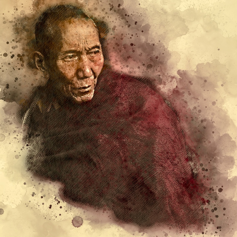 red, old monk, senior adult, emotion, wearing, vicissitudes, close-up, digital art, culture, buddhism, lifestyles, front view, hairstyle, real people, religious