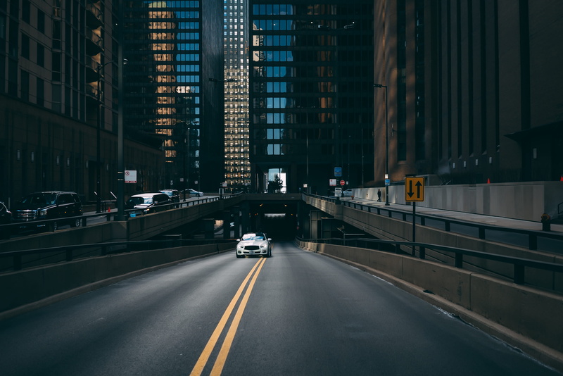 marking, lane, transportation, road, vehicles, skyscraper, road marking, bridge, motor vehicle, transportation system, light, outdoors, architecture, city