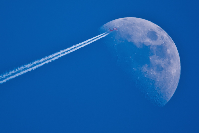 space, copy space, jet, airplane, cloud - sky, air vehicle, moon, nature, sky, plane, space exploration, flying, vapor trail, moon surface, view, planetary moon