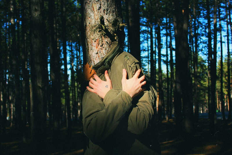 man, outdoors, adult, valknut, standing, blue sky, real people, sky, obscured face, 1080P, hide, land, hand, fir trees, plant, forest, nature, trunk, focus on foreground