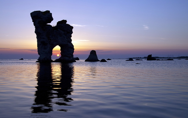 reflection, 1080P, Sun, sunset, nordic landscapes, landscape, sea, calm